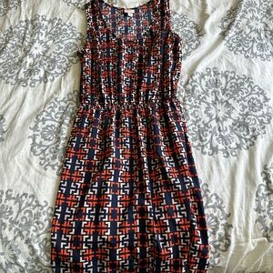 Blue, orange and white patterned dress with elastic waist
